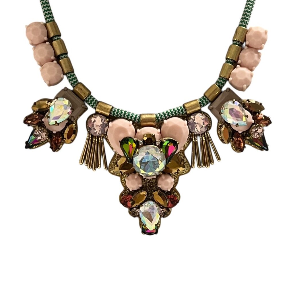 J.Crew Dragonfly Crystal Statement Necklace Multi-Color Gold Pink Turquoise - Picture 2 of 4